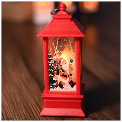 фото Декоративный новогодний светодиодный фонарь елочная игрушка с подсветкой и рисунком 13 см, красный санта baziator