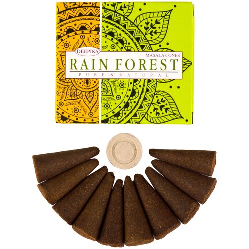 фото Ароматические конусы, натуральные индийские благовония deepika тропический лес, rain forest cones, 10 конусов + 1 керамическая подставка