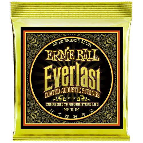 фото Ernie ball 2554 everlast coated 80/20 bronze medium 13-56 струны для акустической гитары