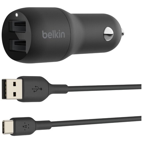 фото Автомобильное зарядное устройство belkin 2хusb- a + кабель usb- a - usb- c, 24в, 1м, черный