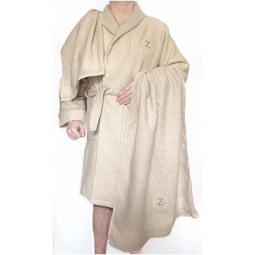 фото Мужской махровый халат + 2 полотенца cream, zarin home, набор, подарок мужчине