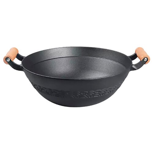 фото Чугунная сковорода-вок xiaomi sanxia cast iron binaural wood handle wok 34cm black