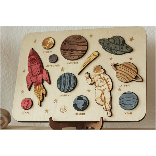 фото Сортер для детей космос, рамка вкладыш деревянная планеты, развивашка деревянная про космос, обучающая игрушка космос ооо "би джи"