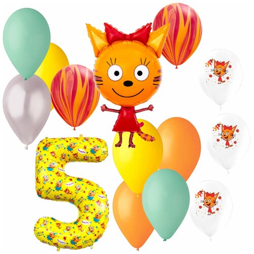 фото Набор фольгированных и латексных шаров «карамелька», три кота, цифра «5»