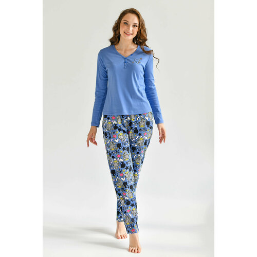 фото Пижама оптима трикотаж, лонгслив, брюки, длинный рукав, карманы, размер 58, голубой