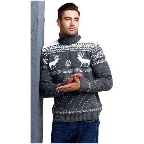 фото Шерстяной свитер с высоким горлом, скандинавский орнамент с оленями, натуральная шерсть, серый цвет, размер xxl anymalls