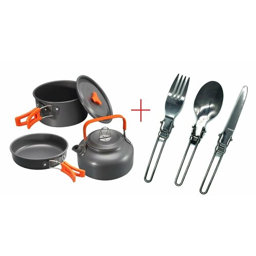фото Набор туристической посуды чайник, кастрюля, сковорода. ложка+вилка+нож/набор посуды для похода 6 предметов. bental