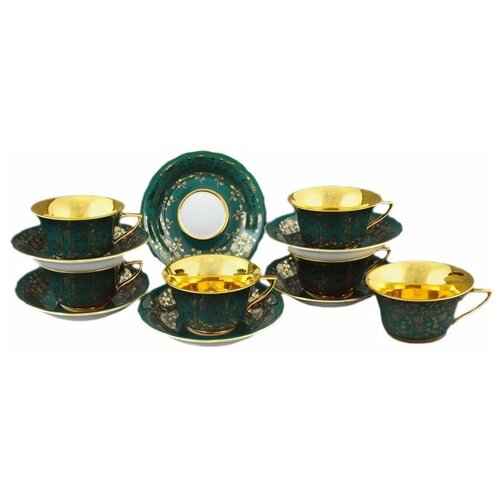 фото Набор чайных пар 100 мл 6 шт низкие leander "виндзор /золотые цветы /зелёные" 1 / 158674