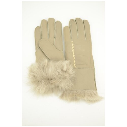 фото Перчатки женские зимние натуральная кожа с натуральным мехом happy gloves завитки светло бежевые размер 7,5