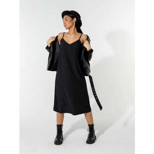 фото Платье-комбинация атлас, полуприлегающее, миди, открытая спина, подкладка, размер 40 рост 155-165, черный etspring