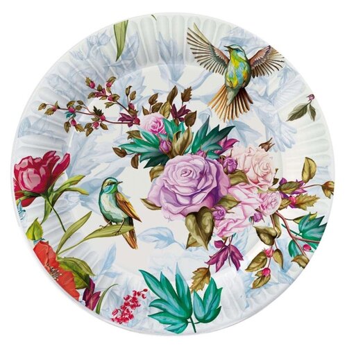 фото Nd play тарелки одноразовые бумажные птицы и цветы, 18 см, 6 шт., белый/серый/зеленый