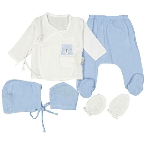 фото Комплект одежды necix's для мальчиков, распашонка и рукавицы и ползунки и нагрудник и чепчик, повседневный стиль, размер 62, белый, голубой