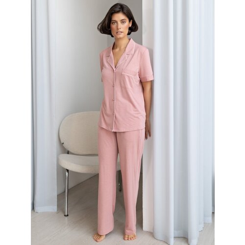 фото Пижама mia-amore, жакет, рубашка, брюки, застежка пуговицы, короткий рукав, карманы, размер m, розовый