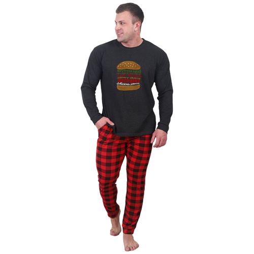 фото Мужская пижама фастфуд песочный размер 56 кулирка оптима трикотаж футболка с длиным рукавом штаны в клетку с карманами