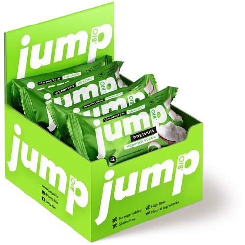 фото Протеиновые конфеты jump premium "нежный кокос", без сахара, глютена и консервантов, (8 шт.). протеиновые фитнес-батончики