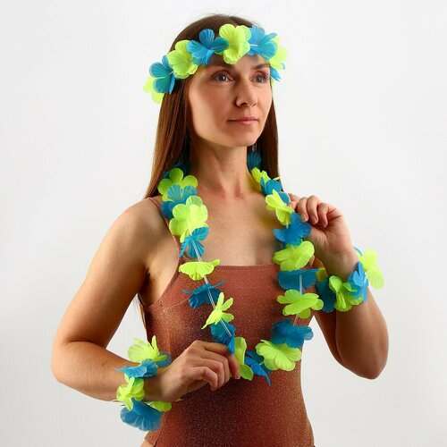 фото Гавайский набор "цветочки" (ожерелье, венок 2 браслета), цвет зеленый страна карнавалия
