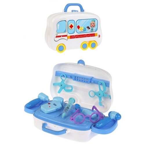 фото Игрушка для детей набор доктора "чемодан-автобус" (8 предметов + наклейки) 29 см х 20 см (голубой) big-store