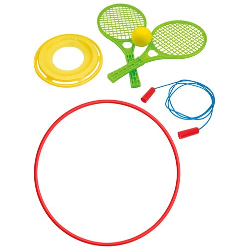 фото Активные игры для детей 4в1/ летающий диск + набор для тенниса + скакалка спортивная + обруч 80 см красный zebratoys