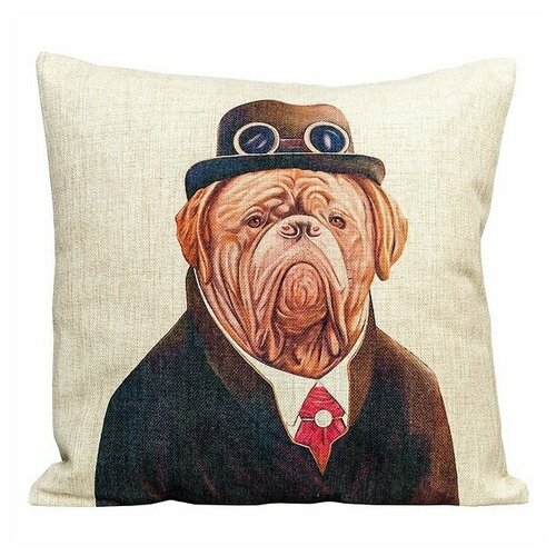 фото Декоративная подушка, "собака в шляпе", льняная наволочка, цвет бежевый, 45х45 см,5 sisters 5s- pillow-157