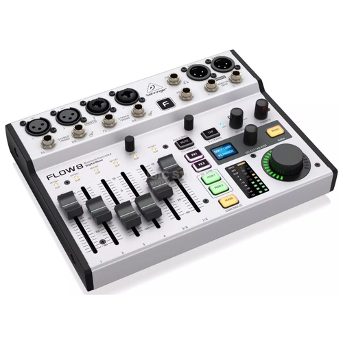 фото Behringer flow 8 цифровой микшер, 8 каналов: вход 4 trs, 2 xlr, 2 xlr/trs, usb порт; выход для педали, наушников, 2 trs send, 2 xlr. bluetooth