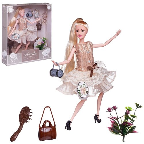 фото Кукла abtoys "amelia. современный шик" в платье без рукавов с плиссированной юбкой, коричневая сумка
