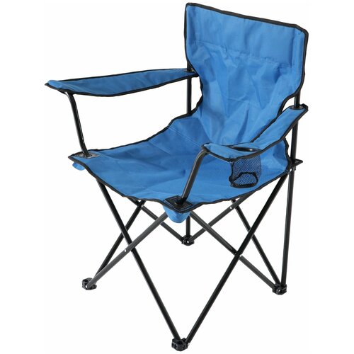 фото Синее, складное кресло, 51х51х84 с функцией удобной транспортировки, имеет стальной каркас, сиденье выполнено из ткани, есть подлокотники и подстакан лето