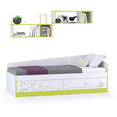 фото Кровать с ящиками и полками альфа-9 цвет лайм зелёный/белый премиум бит и байт