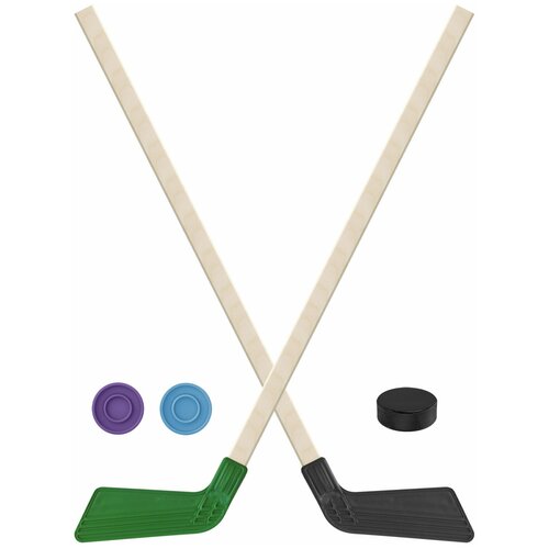 фото Детский хоккейный набор для игр на улице, свежем воздухе клюшка хоккейная 2 шт. зелёная и чёрная 80 см. + 2 шайбы + шайба хоккейная детская 60 мм. задира-плюс