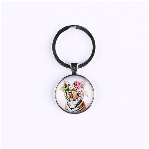 фото Брелок darifly серебристый "милый добрый тигрёнок с венком из цветов" с большим кольцом для ключей