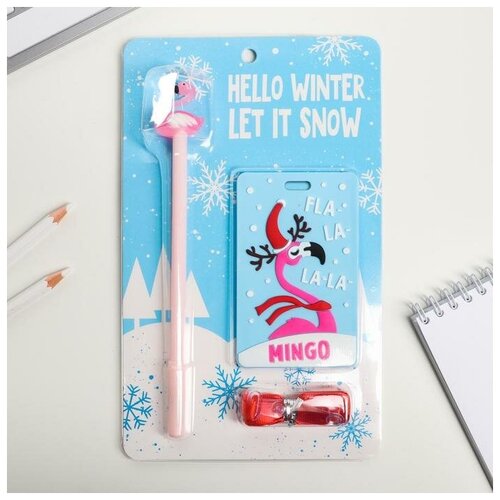 фото Набор новогодний «фламинго»: чехол для бейджа, ручка, лента mikimarket