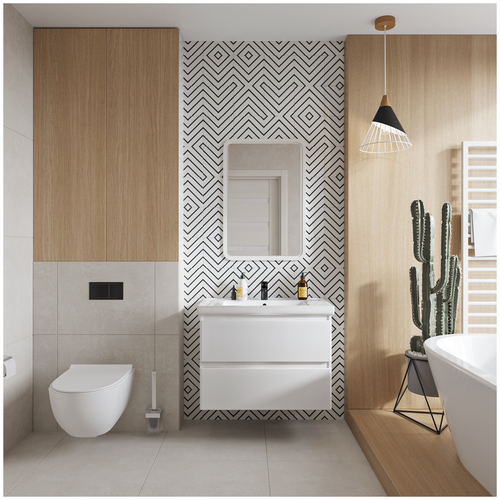 фото Тумба для ванной комнаты sanstar riana 80 с раковиной подвесная, белая, 2 ящика