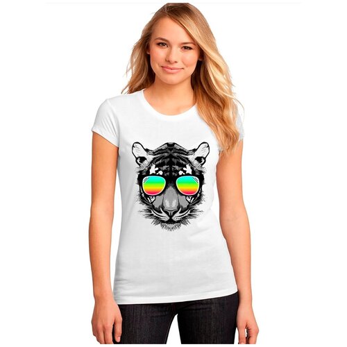 фото "женская белая футболка тигр, очки, радуга". размер xxl drabs