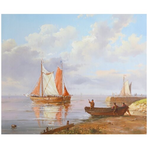 фото Картина маслом "фигуры и рыбацкие лодки в голландском устье реки" 50х60см арт спб
