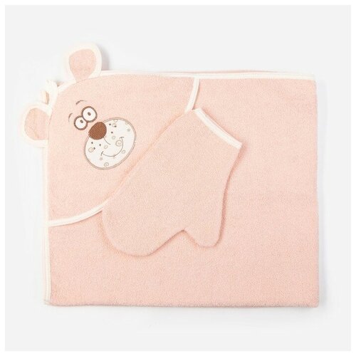 фото Осьминожка набор для купания (полотенце-уголок, рукавица) с вышивкой "мишка", размер 100х110 см, цвет персиковый (арт. к24/1)