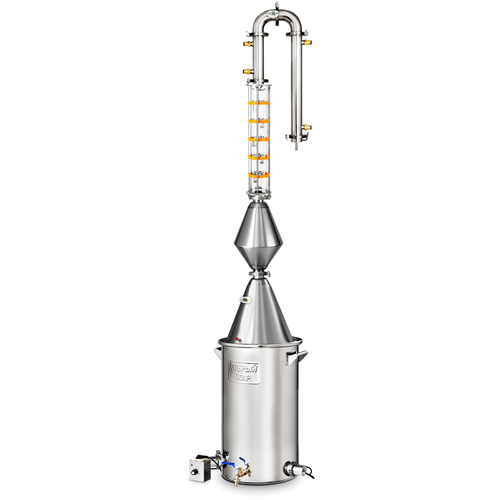 фото Самогонный аппарат дистиллятор "абсолют вип" 7 трубок в холодильнике и дефлегматоре. (конус, лампа нержавеющая сталь, 5 палуб) 60 литров с тэном добрый жар