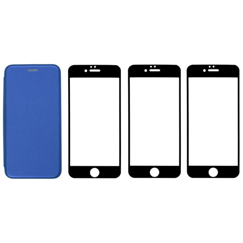 фото Комплект для iphone 6 / 6s : чехол книжка синий + три закаленных защитных стекла с черной рамкой shok365