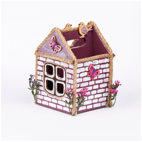 фото Органайзер/карандашница darifly деревянная "кирпичный домик с окошками, цветами и бабочками" сливового цвета с двумя отделениями для карандашей (ручная работа)