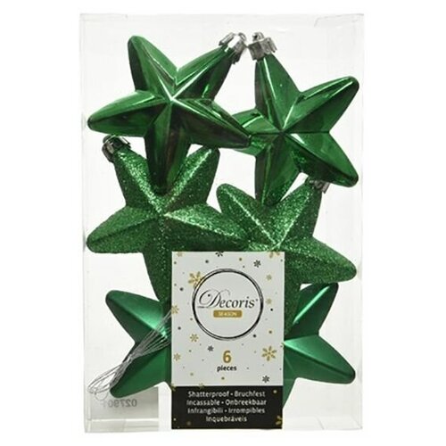 фото Набор украшений ёлочные звёздочки пластиковый, глянцевые, матовые, с глиттером, цвет: классический зелёный, 2x7.5x7.5 см kaemingk
