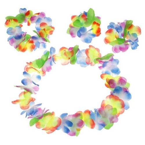 фото Набор гавайская тема 4в1 (ожерелье+ венок+2 браслета) многоцветные цветы страна карнавалия