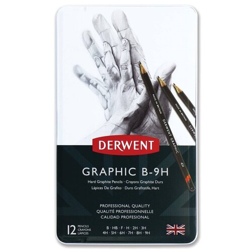 фото Набор чернографитных карандашей graphic hard 12 штук b-9h в металлической упаковке derwent