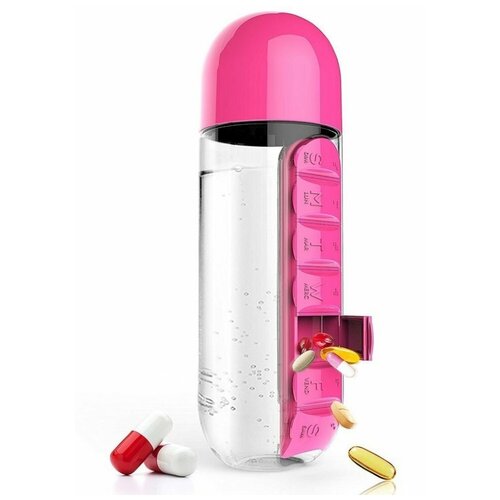 фото Бутылка для воды с органайзером для таблеток и витаминов на неделю, розовая домихозяйка