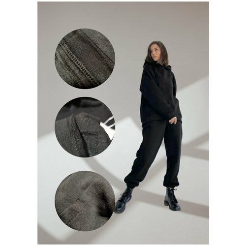 фото Спортивный костюм женский чёрного цвета/ тёплый костюм спортивный с худи / толстовка с капюшоном оверсайз и джоггеры 42 размера elvin