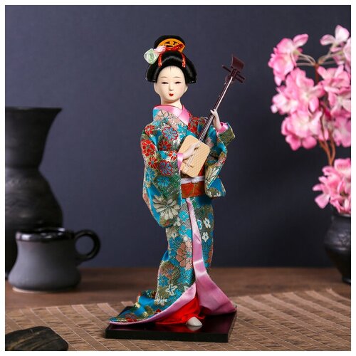 фото Кукла коллекционная "гейша в цветочном кимоно с музыкальным инструментом" 30 см