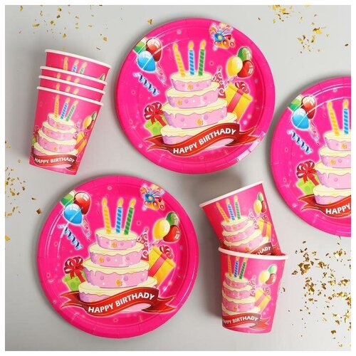 фото Набор бумажной посуды страна карнавалия «с днём рождения», стаканы 6 шт., тарелки 6 шт., цвет розовый