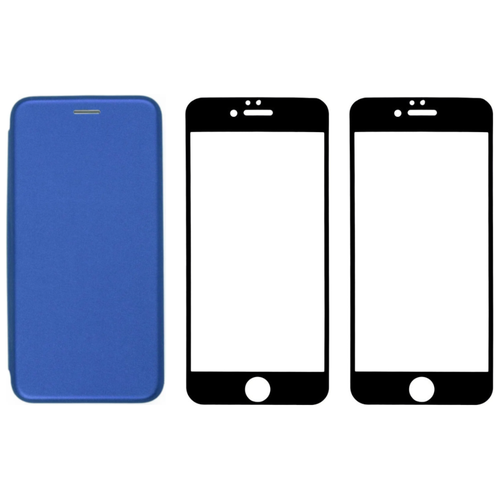 фото Комплект для iphone 6 / 6s : чехол книжка синий + два закаленных защитных стекла с черной рамкой на весь экран / айфон 6 / 6с shok365