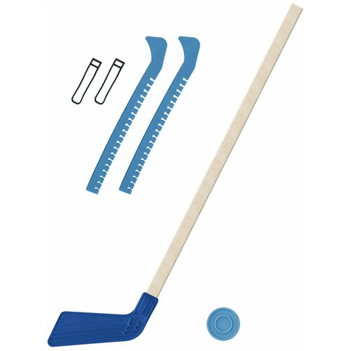 фото Набор зимний: клюшка хоккейная синяя 80 см.+шайба + чехлы для коньков зеленые, задира-плюс