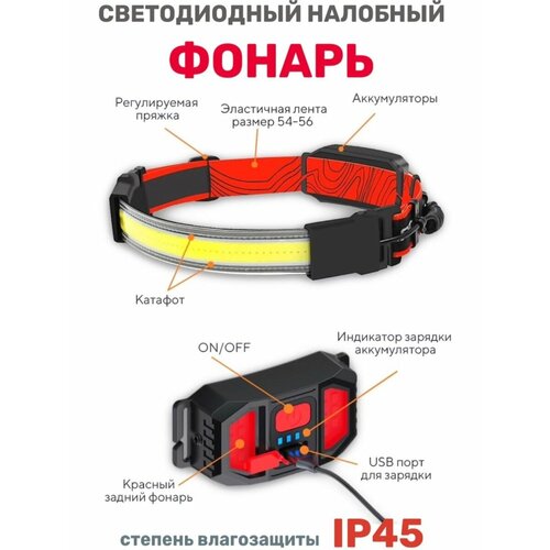 фото Налобный фонарь аккумуляторный светодиодный, фонарь налобный гибкий с usb зарядкой, led-cob / 3 режимов, влагозащита linnhill