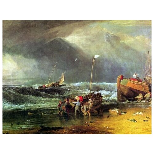 фото Репродукция на холсте рыбаки перевозят лодки на берег ( coast scene with fishermen hauling a boat ashore) тёрнер уильям 78см. x 60см. твой постер