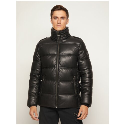 фото Тёплая куртка из искусственной кожи с высоким воротником, цвет черный, размер l zolla