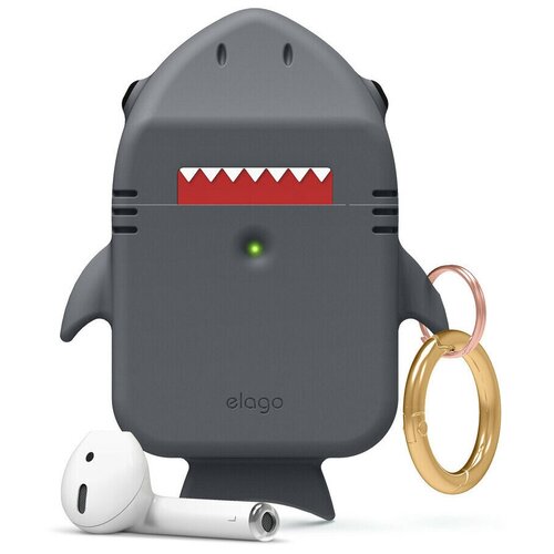 фото Силиконовый чехол с карабином elago shark silicone hang case для airpods 1&2, цвет темно-серый (eap-shark-dgy)
